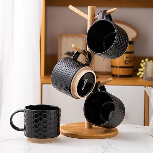 GBHOME 12OZ Stackable Coffee Mugs, Ceramic Coffee Mugs with Texture Patterns for Man,Woman,Dad,Mom, Modern Coffee Mugs Set of 4 for Latte/Cappuccino/Cocoa. Dishwasher&Microwave Safe, Black thumbnail 7