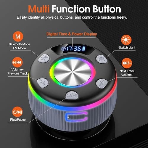 Bluetooth Shower Speaker, Portable Bluetooth 5.3 Speakers Wireless with Time Display, IP7 Waterproof Speakers with RGB Light, Suction Cup, Mini Stereo Speaker for Bathroom Party Beach Gifts, Grey thumbnail 2