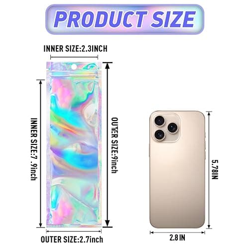 FUNFERY 100 Pack Holographic Bags Clear Window Resealable Bags for Candy Party Favor, Mylar Zipper Bag Stripping Foil Pouch Packaging Bag for Pen,Jewelry,Brushes Small Business Supplies(2.7x9in) thumbnail 3