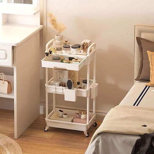 LLMRR 3 Tier Rolling Utility Cart with Drawer, Plastic Storage Organizer Rolling Carts with Wheels Handles Hanging Cups Hooks for Office, Bathroom, Kitchen,Craft Art Room (White) thumbnail 9