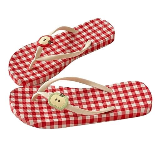Umhje Whimsy Twee Plaid Flip Flops for Women Whimsical Funky Double Apple Slippers Y2K Kawaii Grunge Cozy Beach Shoes - Image 1