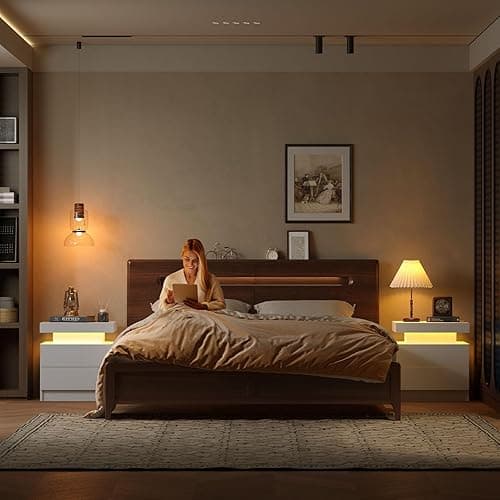 i-aplus Nightstand Set of 2 LED Nightstand with 2 Drawers,Night Stand Set 2 with LED Light,Bedside Table with Drawers for Bedroom,White - White thumbnail 9