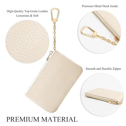 LARENNT Full Grain Leather Coin Purse with Key Chain - Small Change Purse Keychain Card Holder Keychain Pouch Small Keychain Wallet for Women and Men (Creamy-white, Large Size) thumbnail 4