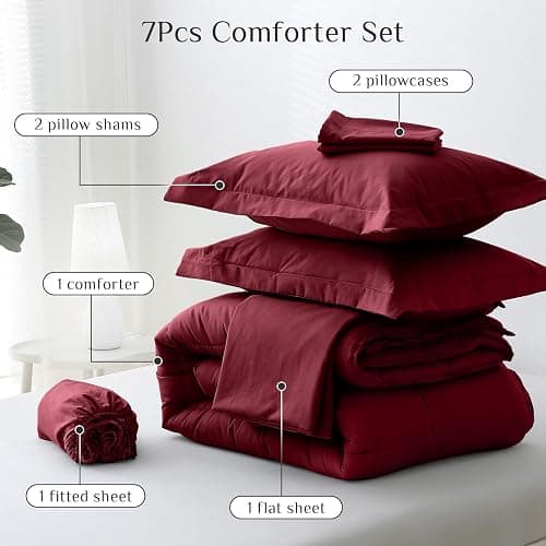 JOLLYVOGUE Queen Comforter Set, Ultra-Soft Bed in a Bag Queen Size 7 Pieces, Oeko-TEX Certified Bedding Set with Down Alternative Comforter, Sheets, Pillowcases & Shams, Burgundy thumbnail 5