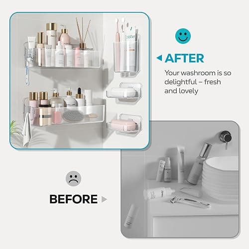 Nieifi Adhesive Shower Shelves, Clear, 5 Pieces | Rustproof ABS, Large Capacity, Removable Design, Easy-Clean, No Drilling Shower Organizer for Bathroom Storage & Home Decor thumbnail 8