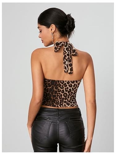 WDIRARA Women's Leopard Print Ruched Halter Crop Tops V Neck Tie Back Sleeveless Slim Fit Cami Tops thumbnail 5