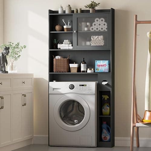 Vabches Over the Toilet Storage Cabinet with Glass Door, Above Toilet Storage Cabinet, Over Toilet Bathroom Organizer Space Saver, Behind Toilet Rack Shelf Cabinet, for Bathroom Laundry Restroom, Grey thumbnail 4