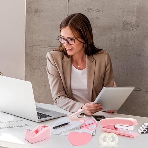 Office Desk Accessories, Pink Office Supplies Set Desk Accessories for Women, Cute Office Supplies with Stapler, Mini Stapler, Staple Remover, Tape, Clips, Scissor and Tabs, Stationary Set for Student thumbnail 7