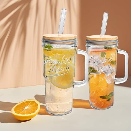 ANOTION Glass Cups with Lids and Straws - 24oz Tumbler with Handle Coffee Cups Glass Straws Glasses Mason Jar Cups Drinking Set Kitchen Essentials Coffee Bar Accessories House Warming Gifts New Home thumbnail 2