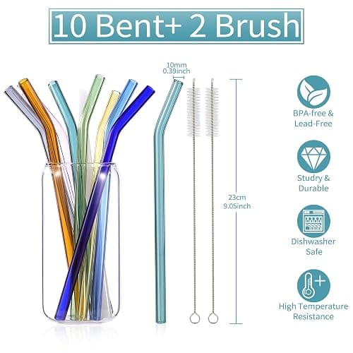 10 Pcs Reusable Bent Glass Drinking Straws,9''x10 mm Colorful Glass Straws for Beverages, Shakes, Milk Tea, Juices,Set of 10 Bent with 2 Cleaning Brushes -Shatter Resistant thumbnail 3