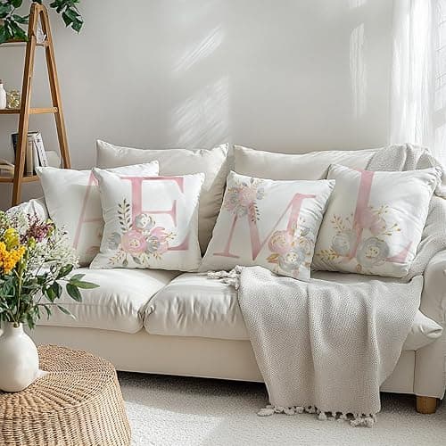 Dekokissenbezüge, Alphabet, dekorative Blumen, quadratische Buchstaben, für Sofa, Couch, Schlafzimmer, Autositz, Heimdekoration (Buchstabe A) thumbnail 6