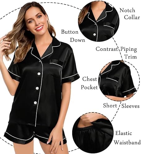 LecGee Womens Silk Satin Pajamas Short Sleeve Loungewear Two-Piece Sleepwear Button-Down Pj Set - Medium - Black-03 thumbnail 5