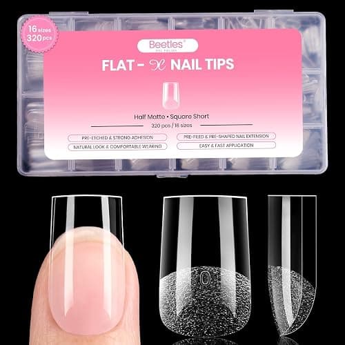 Beetles Gel Nail Tips Square Short, 320pcs 16 Sizes(00-14), Flat-X Pre-Etched Half Matte Full Cover Soft Gel Nail Tips, Natural Clear Press on False Nail Supplies, Easy DIY Nail Extension Salon Art - Image 1