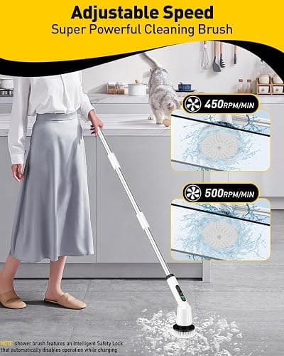 Electric Spin Scrubber for Cleaning Bathroom, Shower Scrubber Cordless Cleaning Brush with IPX7 Waterproof & 2 Speed, 3 Brush Heads, Bathroom Cleaning Supplies for Shower Tub Kitchen Tile Toilet White thumbnail 3