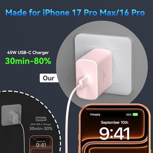 Phone 17 16 Pro Max Charger Fast Charging, 45W Super Fast USB C Charger Block with 10FT Nylon Braided Charging Cable for 17 16 Pro Max/17 16 Pro/16 Plus,15 Pro Max/15 Pro/15/Air, Android Phone-Pink thumbnail 4