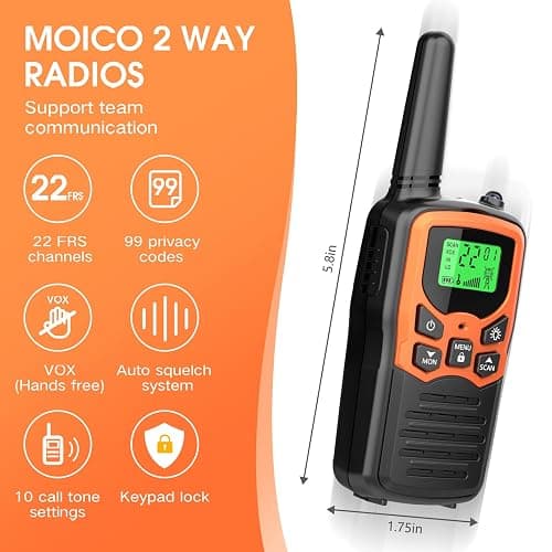 MOICO Walkie Talkies for Adults, 22 Channel Long Range FRS Two-Way Radios | 2 Pack, Compact Portable, LED Flashlight, VOX, LCD Display, Family Use, Hiking, Camping, Outdoor Trips, Cruise thumbnail 2