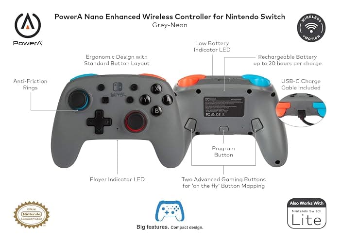 PowerA Nano Enhanced Wireless Controller for Nintendo Switch - Grey-Neon thumbnail 5