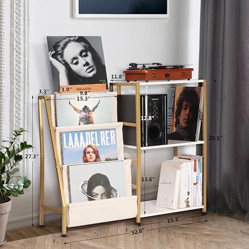 HYCFYJR Stand for Record Player, 3 Tier Vinyl Record Storage with Now Playing Holder, Turntable Stand, Vinyl Display with Speaker Storage for Living Room, Gold White thumbnail 5