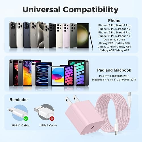 Fast Charging for iPhone 15 16 Pro Max Charger Colorful, 3Pack 20W USB C Fast Chargers Block with 6/6/10ft Long USB C to C Braided Cable Compatible with iPhone 16/15 Pro/15 Plus/iPad Pro 13/12.9,Pink thumbnail 7