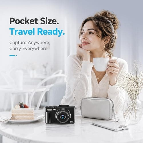 4K Digital Camera for Photography, 64MP Vlogging Camera with 180° Screen | Compact Point And Shoot Camera With WiFi, 32GB Card, 2 Rechargeable Batteries, Portable Travel Camera, Black thumbnail 4