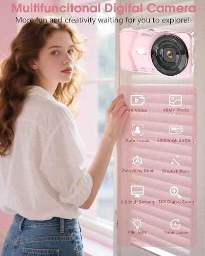Vitaler Digital Camera, Autofocus 48MP 4K Camera for Photography with 32GB Card, Portable Compact Point and Shoot Digital Camera for Teens Adult Beginner Kids with Metal Shell, 2000 mAh Battery thumbnail 4