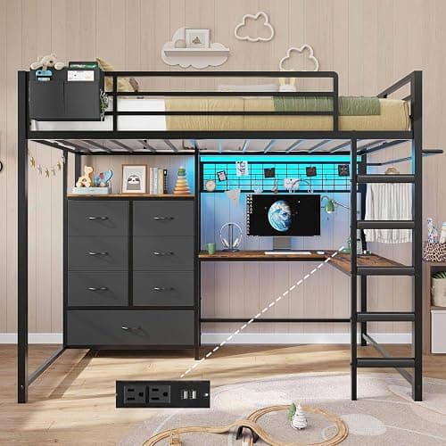 DICTAC Twin Loft Bed with L-Shaped Desk and 7 Storage Drawers,Metal Twin Size Loft Bed for Kids with LED Lights and Charging Station,13.11" H Safety Guardrail and Ladder,No Box Spring Needed, Black - Image 1