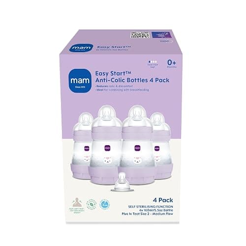 MAM Easy Start Anti-Colic Baby Bottles | 4 Pack (4X 160ml) | Self-Sterilising Baby Milk Bottle | Slow Flow MAM Teats Size 1 + 1x Medium Flow Teat Size 2 | Pink (Various Designs) thumbnail 2