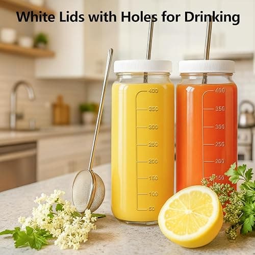 Ruckae 16oz 12 Pack Juice Bottles, Glass Bottles Juicing with Lids, Smoothie Cup Lids and Straws, Water Bottle Mason Jar Drinking Glasses for Juicing, Smoothies, Kombucha thumbnail 2