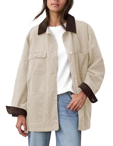 GTLIAE Barn Jackets for Women 2025 Fall Oversized Utility Cotton Coat Corduroy Collar Vintage Workwear with Pockets - Image 1