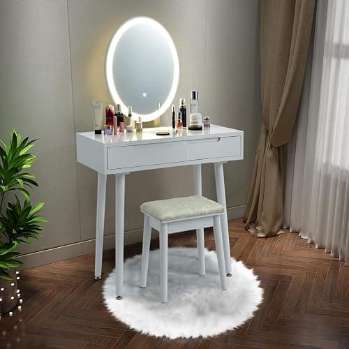 CHARMAID Vanity Set with Lighted Mirror, 3 Modes Adjustable Brightness Mirror, Makeup Dressing Table with Cushioned Stool, 2 Sliding Drawers with Divider, Modern Bedroom Vanity for Girls Women (White) thumbnail 3