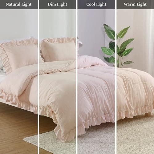 Pink Ruffle Duvet Cover Queen Size, 3PCS Soft Washed Microfiber Vintage French Country Duvet Cover Set for Queen Bed, Pink, 90x90 in thumbnail 7