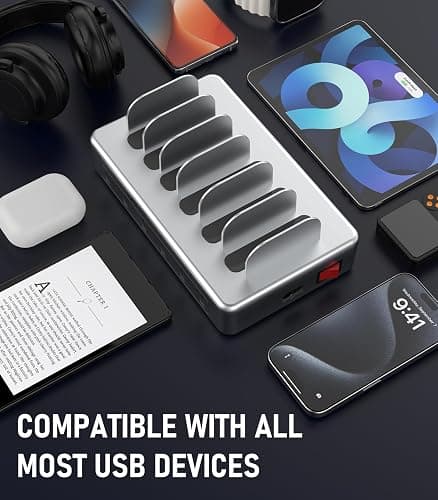 CREATIVE DESIGN 6 Port Charging Station for Multiple Devices,50W Multi Phone Charging Station with 6 Cables, Multiple USB Charger Station Designed for Cellphone iPad iPhone Tablet (Silver) thumbnail 4