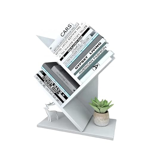 Godferyxin Tree Bookshelf, 3-Tier Wood Small Bookshelf and Mini Book Shelf for Office, Home or School Desk Book Shelf for for Displaying Books, CDs, Magazines Wood Storage Rack-Whit thumbnail 9