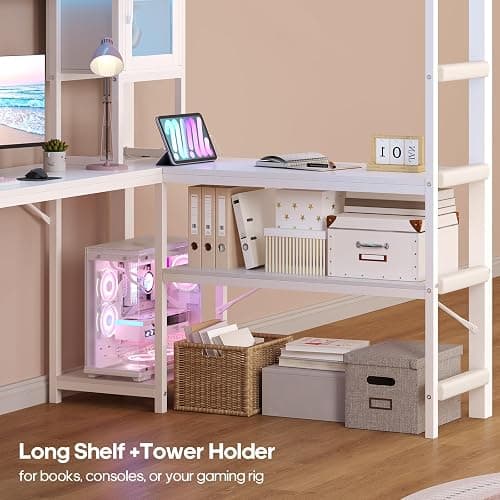 ADORNEVE Gaming Loft Bed Twin Size with Desk & RGB Hutch, White | 4 Storage Drawers, Safety Power Outlet, Metal Loft Bed with RGB Lights, Space Saving for Girls Small Room, Guardrail & Ladder thumbnail 6