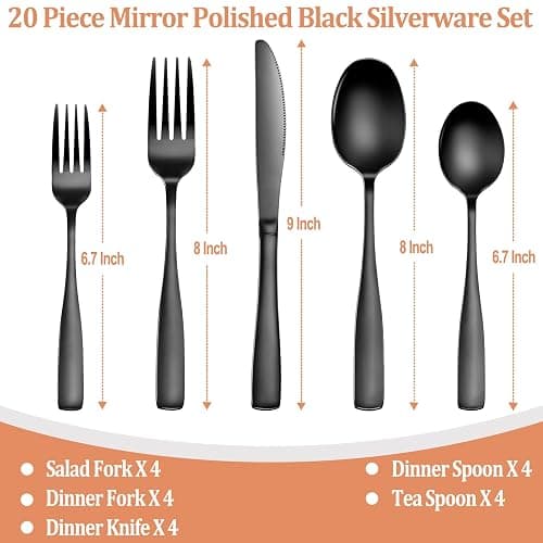 20 Pcs Black Silverware Set, Food-Grade Stainless Steel Flatware Set for 4, Square Cutlery Set, Mirror Polished Tableware Eating Utensils Set for Kitchen, Include Knife Fork Spoon Set,Dishwasher Safe - Black - Square Handle 20 Pieces thumbnail 2