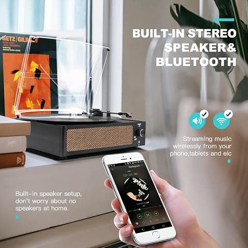 Vinyl Record Player with Speakers Vintage Turntable for Vinyls Records Belt-Driven Turn Table Support 3-Speed, Wireless Playback, Headphone, AUX-in, RCA Line LP Phonograph for Sound Enjoyment Black thumbnail 5