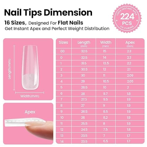 Beetles Tipex Instant Apex Nail Tips Kit, Square Long, 224pcs 16 Sizes, with Tipex Nail Glue, Dehydrator, Primer, Base & Top Coat, Mini UV Lamp, Pre-Building Kit thumbnail 4