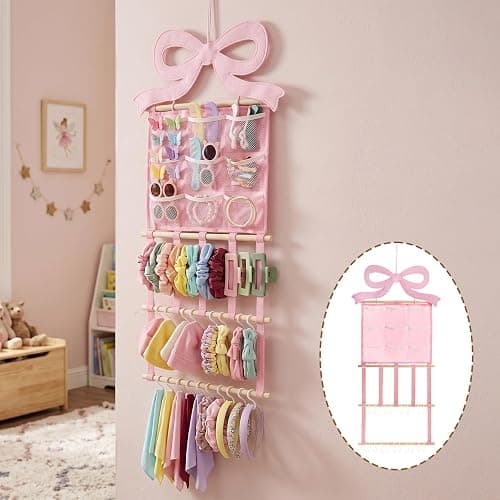 Ohmique Bow Organizer for Girls - Pink Bow Holder for Girls Hair Bows, Hair Clip Organizer Headband Storage Hanger Girl Headband Display Wall Mounted Accessories for Nursery Bedroom Girl Room thumbnail 9