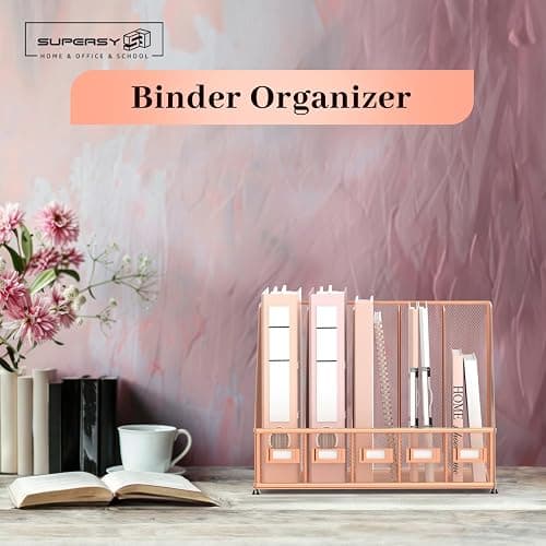 SUPEASY Desk Organizers Metal Desk Magazine File Holder with 5 Vertical Compartments Rack File Organizer for Office Desktop, Home Workspace, Rose Gold, Plus thumbnail 7