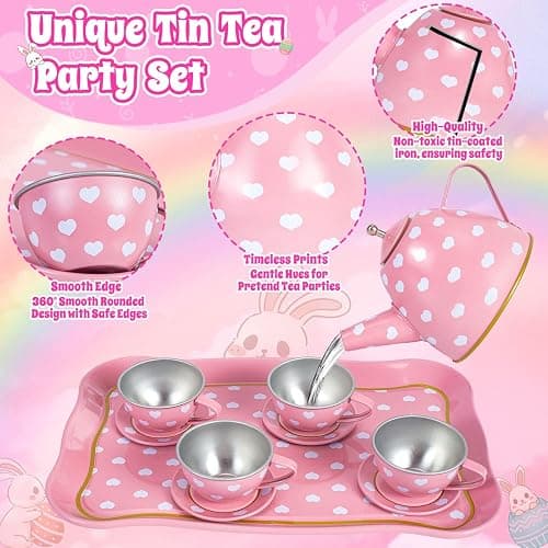 Hohosunlar Tea Party Set for Little Girls, Princess Tea Time Toy for Toddler, Tin Tea Set Include Tea Cups Teapot Dessert Kitchen Pretend Play with Carrying Case, Easter Birthday Gift for Kids Age 3-8 thumbnail 4