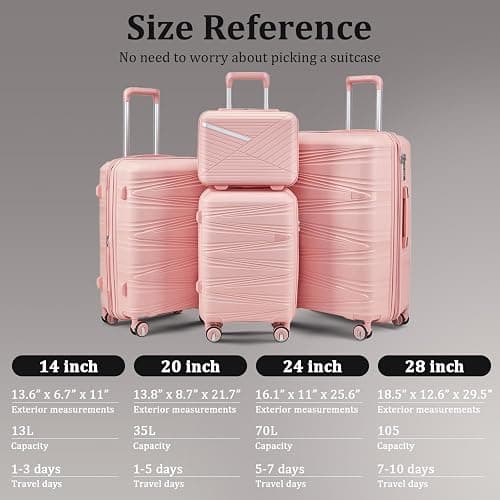 TRAVELEO 4 Piece Luggage Set PP Hardshell, Expandable Suitcase Set (20/24/28) with 14" Cosmetic Case, Lightweight Spinner Wheels with TSA Lock, Detachable Wheels for Nesting Storage (Pink) thumbnail 2