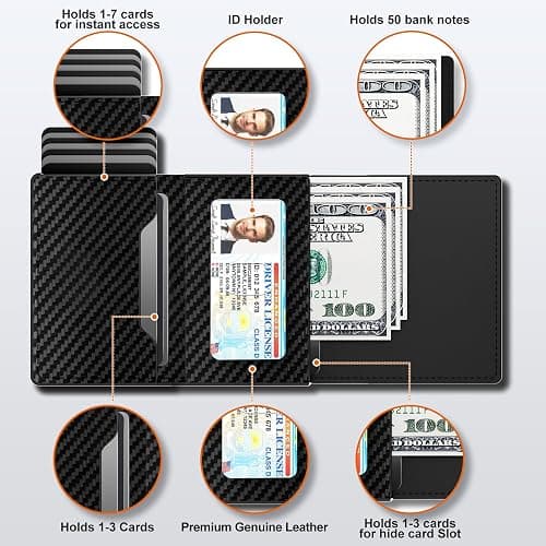 Mens Wallet Credit Card Holder, Minimalist Wallets for Men, Aluminum Pop up Wallet, RFID Blocking, Premium Leather, Smart, Slim , Coin Pocket | 9-14 Card Capacity | ID Window | Cash Slot thumbnail 3
