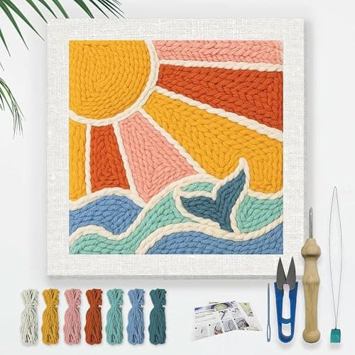 DOODLREAM Bohemian Sun and Ocean Waves DIY Punch Needle Embroidery Kit for Adult Beginner, 24 cm Boho Punch Stitching Craft Set for Starter with Frame, Fabric Pattern, Threader, Yarn, Punch Needle - Image 1