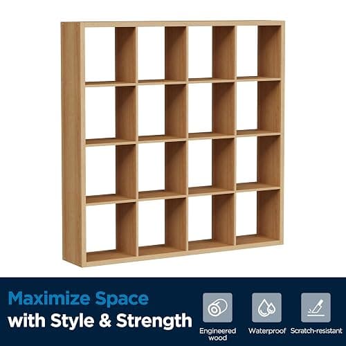 Jpiziso 16-Cube Storage Organizer Bookcase, Thick Frame Wood Grain Storage Shelf, Rectangular Cube Open Back Display Unit, 48.8x9.4x48.8 Inches for Living Room, Bedroom, Home Office, Natural Wood thumbnail 8