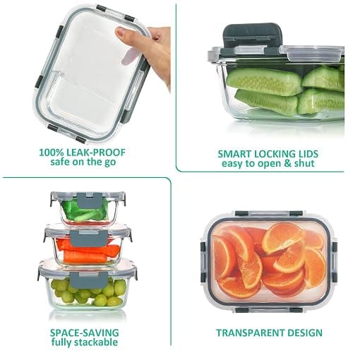 KOMUEE 24 Pieces Glass Food Storage Containers Set,Meal Prep Containers-Stackable Airtight Glass Storage Containers with lids,Freezer, Microwave, Oven Safe,Gray thumbnail 5