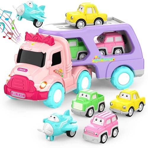 LASCOTON Toys for 1 2 3 Year Old Girl, 5-in-1 Carrier Truck for Toddler Girl, Friction Power Toy Cars with Light & Sound, Birthday Gifts, Pink - Pink - Image 1