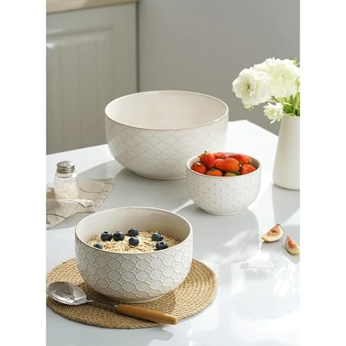 Mikiegy Ceramic Mixing Bowls Set of 4, Nesting Ceramic Embossment Stoneware Mixing Bowls for Cooking, Serving, Popcorn, Salad etc, Microwave & Dishwasher Safe, 20/44/98/145 oz, Off-White thumbnail 6