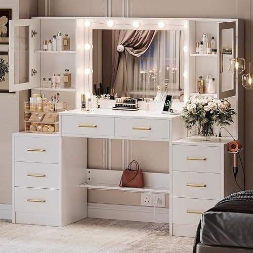 TOKSOM 58.3”Vanity Desk with Mirror and Lights & Charging Station, Bedroom Dressing Table, Large Vanity Set, 8 Drawers and 2 Cabinets, Makeup Vanity Table with Charging Station, Without Stool - Image 1