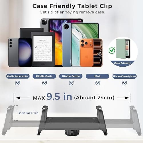 [Case-Friendly] Long Tablet Stand for Kindle with Page Turner Ring Remote, Gooseneck Holder for Reading in Bed with Clicker, eReader Accessories Gift for Readers Compatible with iPad iPhone Fire HD thumbnail 5