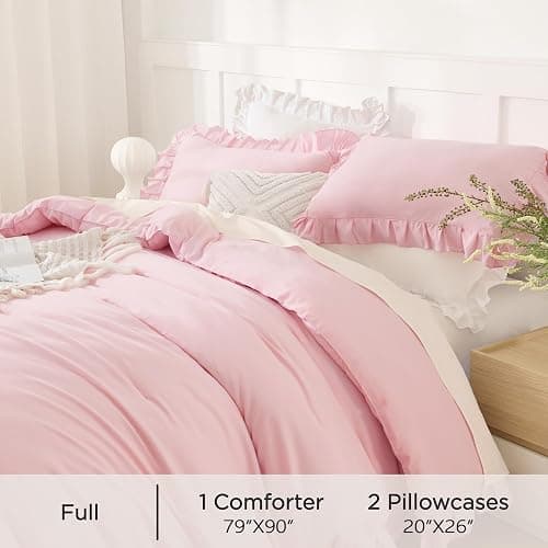 Andency Pink Comforter Set Full, 3 Pieces Lightweight Soft Rustic Pink Ruffle Comforter Women Girls, Solid Farmhouse Shabby Chic Microfiber Bedding Comforter Set thumbnail 5